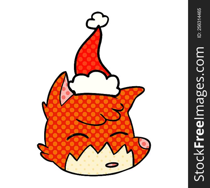 Comic Book Style Illustration Of A Fox Face Wearing Santa Hat