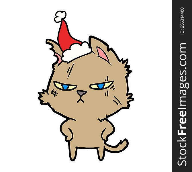 tough hand drawn line drawing of a cat wearing santa hat. tough hand drawn line drawing of a cat wearing santa hat