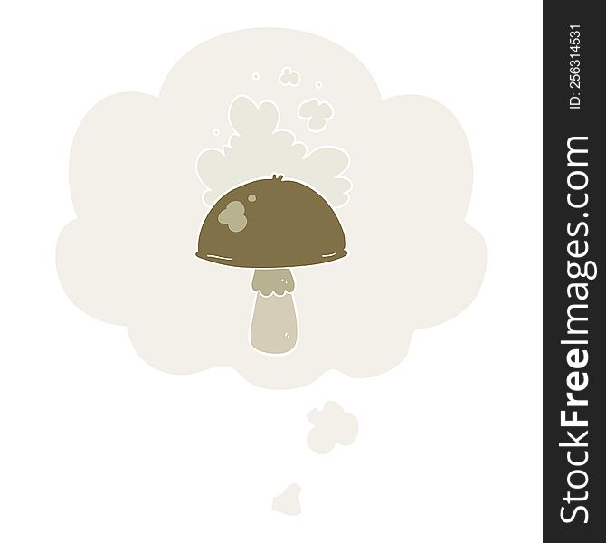 cartoon mushroom with spore cloud with thought bubble in retro style