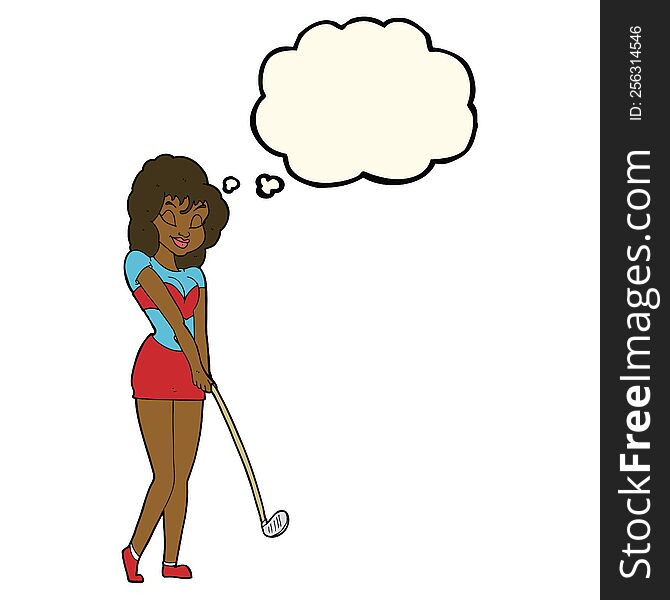 cartoon woman playing golf with thought bubble