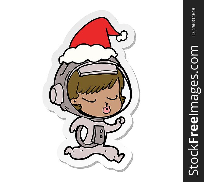 Sticker Cartoon Of A Pretty Astronaut Girl Running Wearing Santa Hat