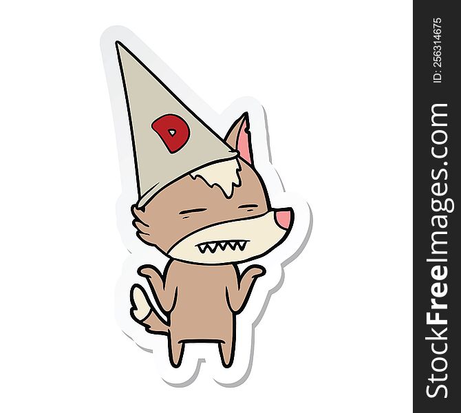 Sticker Of A Cartoon Wolf Wearing Dunce Hat