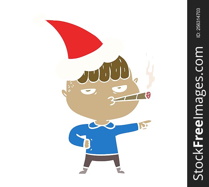 hand drawn flat color illustration of a man smoking wearing santa hat