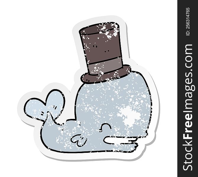 Distressed Sticker Of A Cartoon Whale Wearing Top Hat