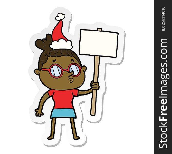 hand drawn sticker cartoon of a woman wearing glasses wearing santa hat