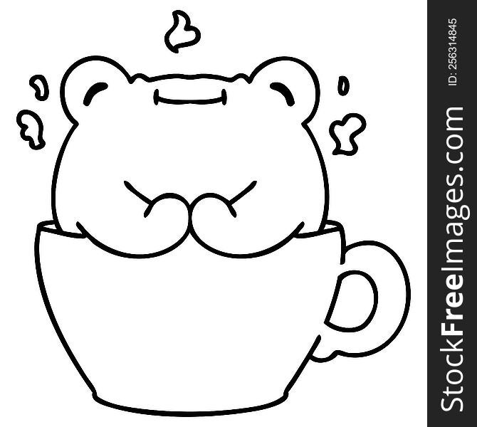 line doodle of a cute frog sitting in a coffee cup. line doodle of a cute frog sitting in a coffee cup