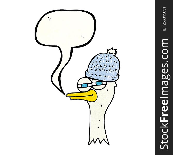 freehand speech bubble textured cartoon bird wearing hat