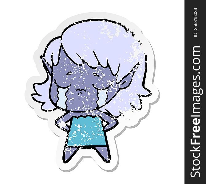 distressed sticker of a crying cartoon elf girl