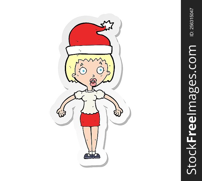 Sticker Of A Cartoon Woman Wearing Christmas Hat Shrugging Shoulders