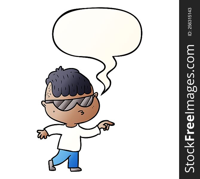 cartoon boy wearing sunglasses pointing with speech bubble in smooth gradient style