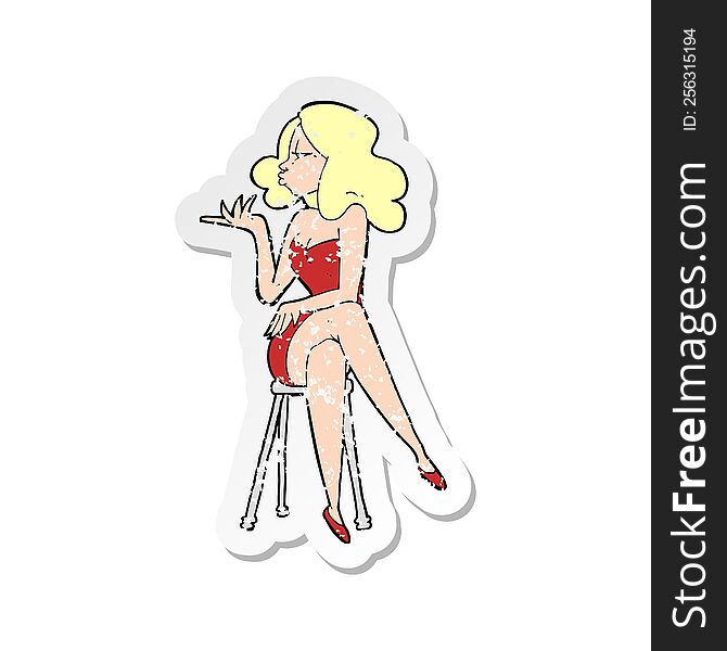 Retro Distressed Sticker Of A Cartoon Woman Sitting On Bar Stool