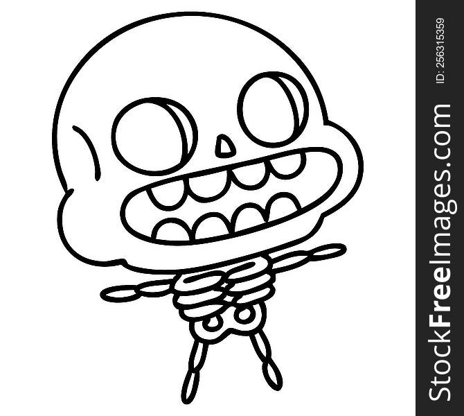 line doodle of a happy halloween skeleton