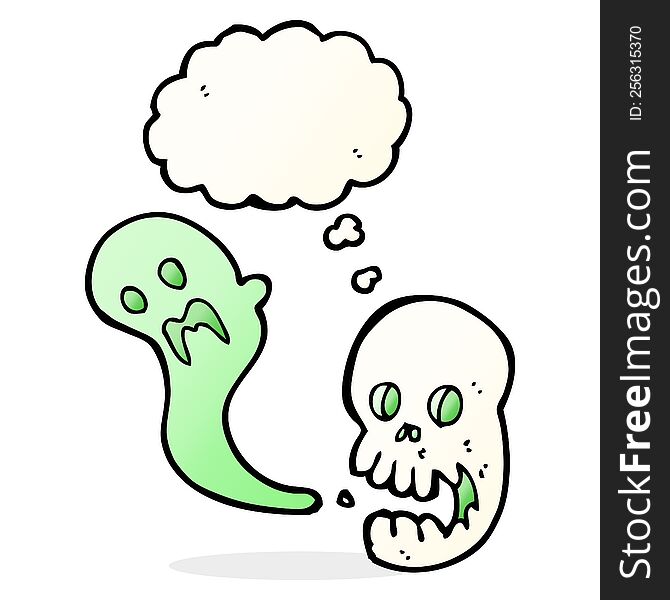 cartoon spooky skull with thought bubble