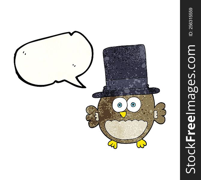 freehand speech bubble textured cartoon owl in top hat