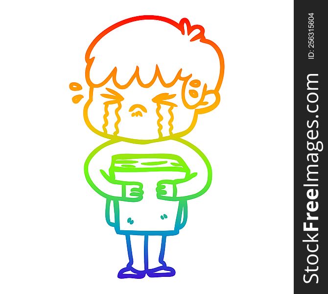 Rainbow Gradient Line Drawing Cartoon Boy Crying