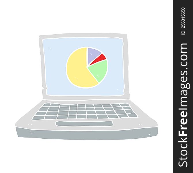 Flat Color Illustration Of A Cartoon Laptop Computer With Pie Chart