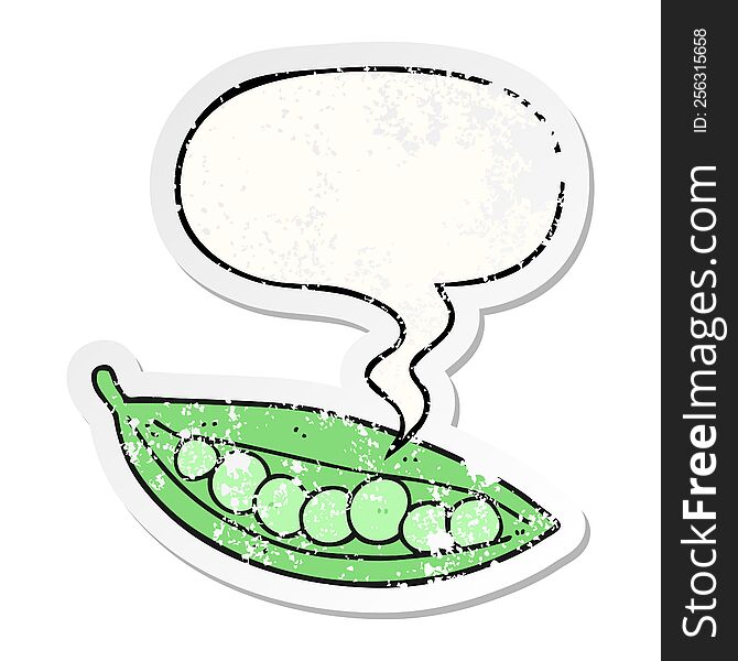 cartoon peas in pod with speech bubble distressed distressed old sticker. cartoon peas in pod with speech bubble distressed distressed old sticker