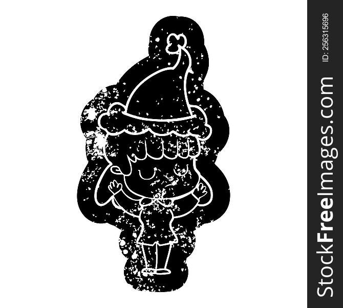 quirky cartoon distressed icon of a indifferent woman wearing santa hat