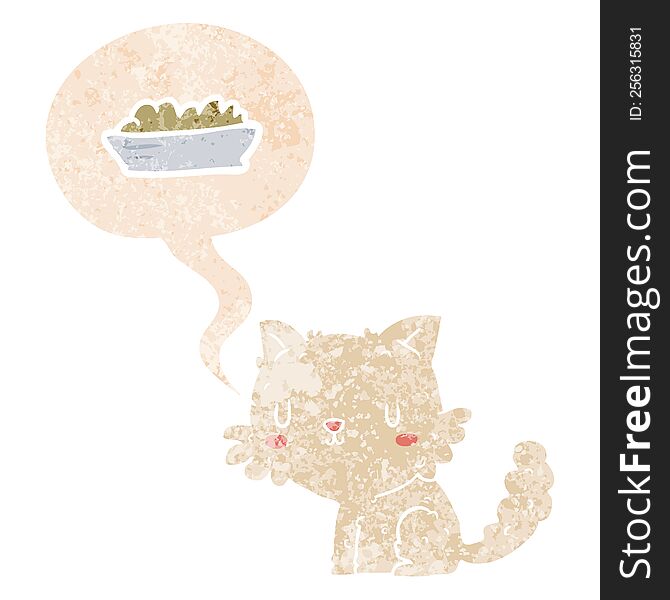 cartoon cat and food and speech bubble in retro textured style