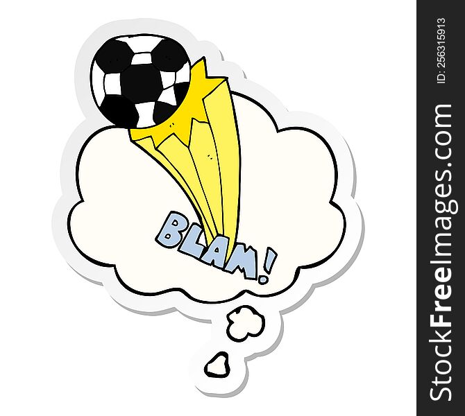 cartoon kicked soccer ball with thought bubble as a printed sticker
