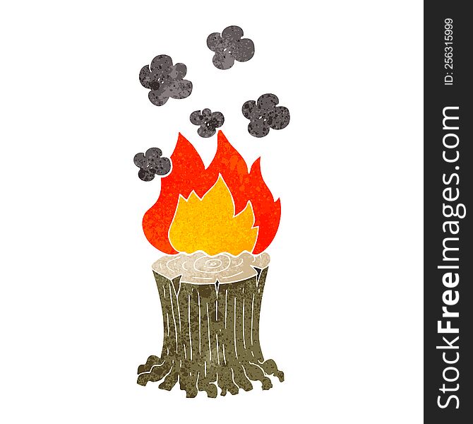 freehand retro cartoon burning tree stump