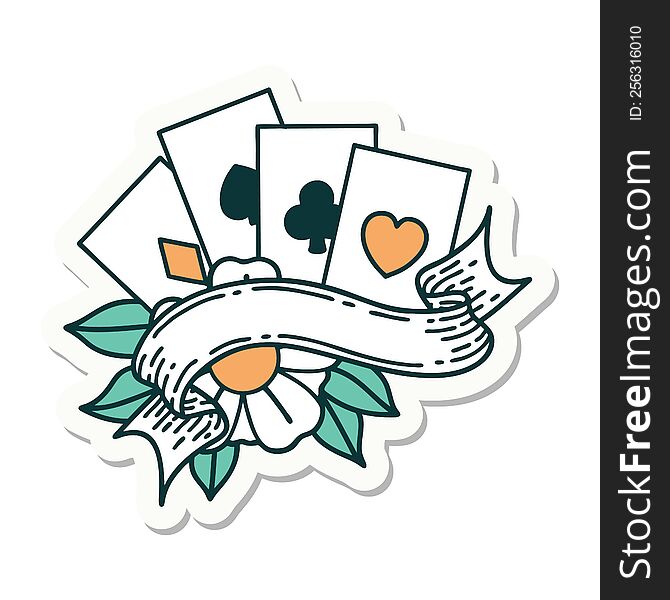 Tattoo Style Sticker Of Cards And Banner