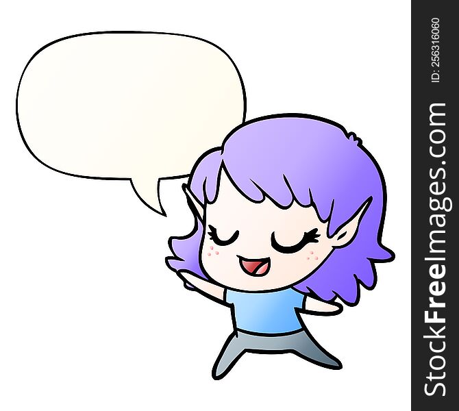 carton happy elf girl dancing and speech bubble in smooth gradient style