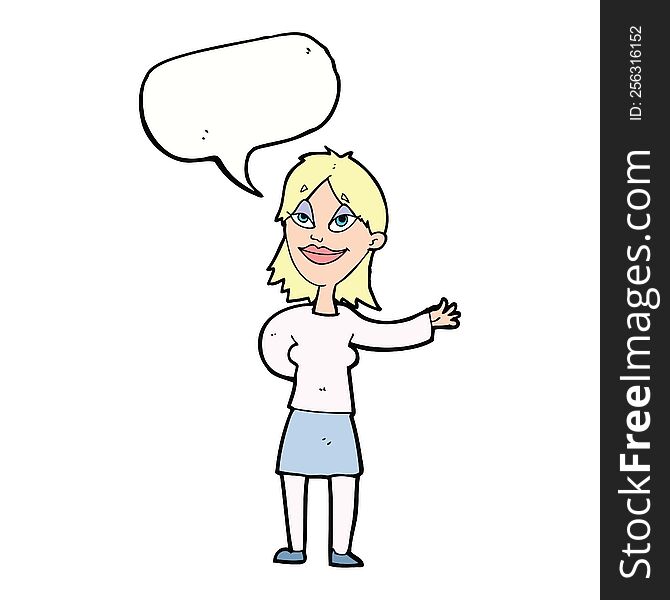 cartoon woman gesturing to show something with speech bubble