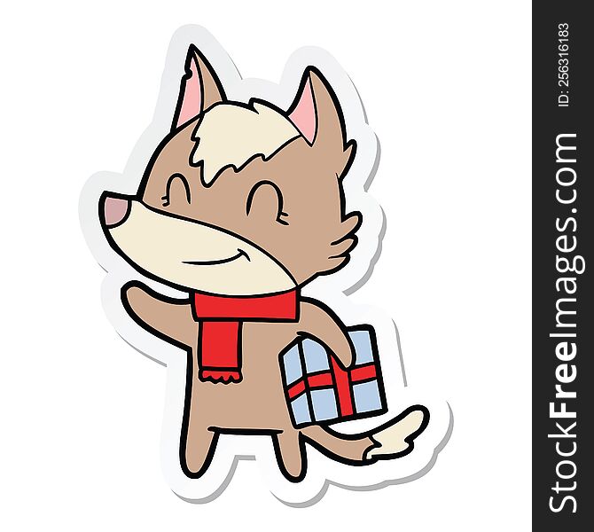 Sticker Of A Friendly Cartoon Wolf With Present