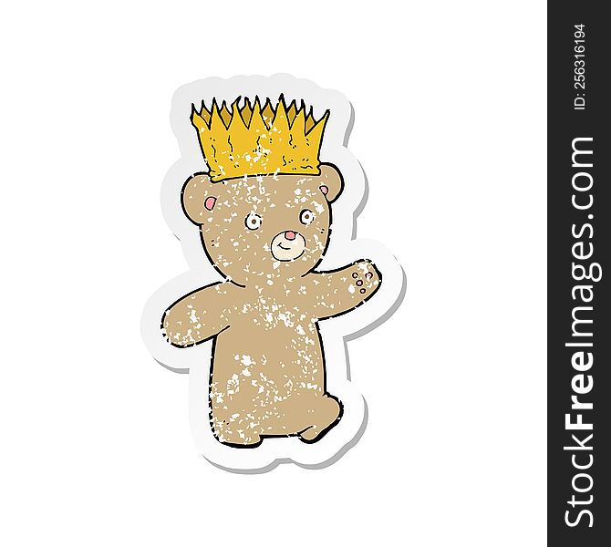 retro distressed sticker of a cartoon teddy bear wearing paper crown