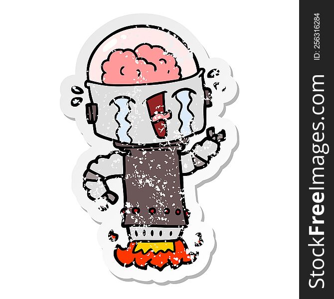 Distressed Sticker Of A Cartoon Crying Robot Flying
