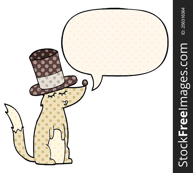 Cartoon Wolf Whistling Wearing Top Hat And Speech Bubble In Comic Book Style