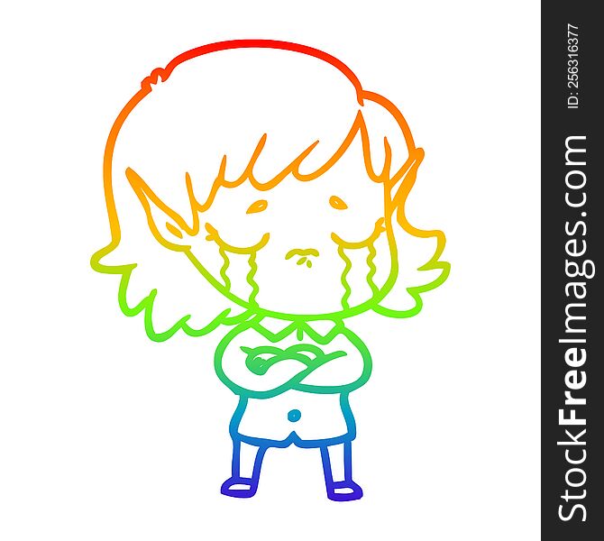 rainbow gradient line drawing of a cartoon crying elf girl