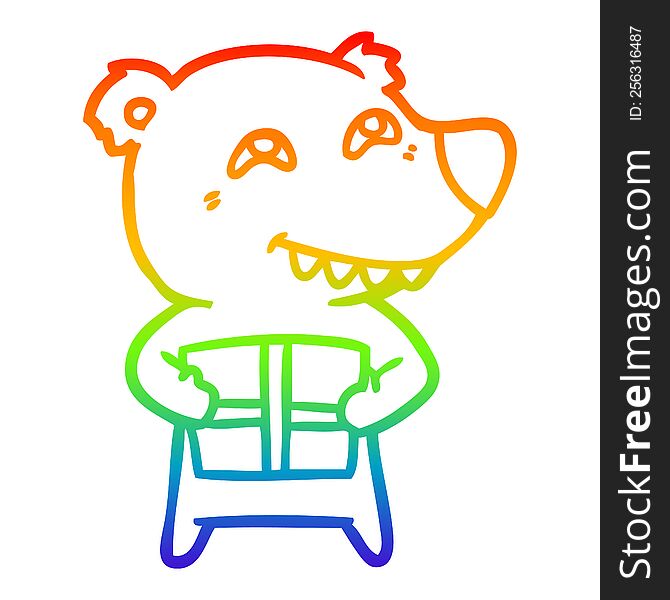 Rainbow Gradient Line Drawing Cartoon Bear With Present