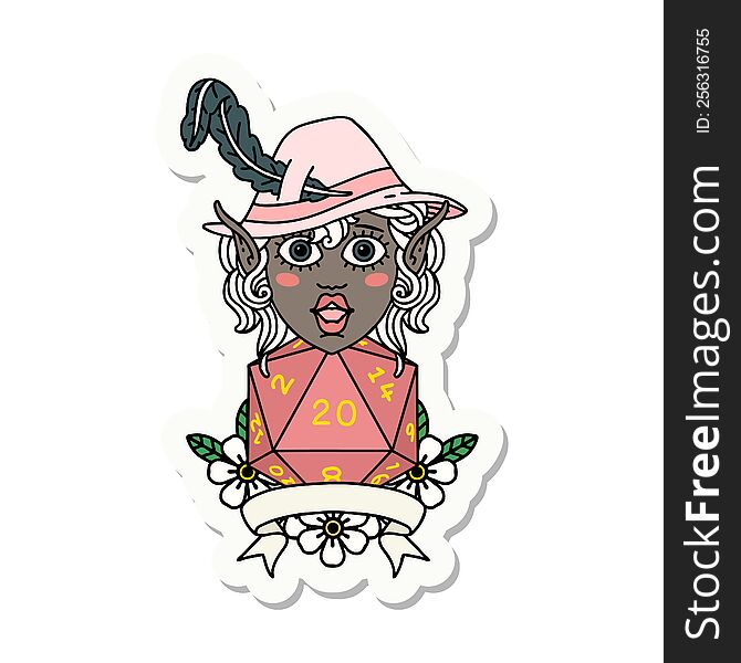 sticker of a elf bard with natural twenty dice roll. sticker of a elf bard with natural twenty dice roll