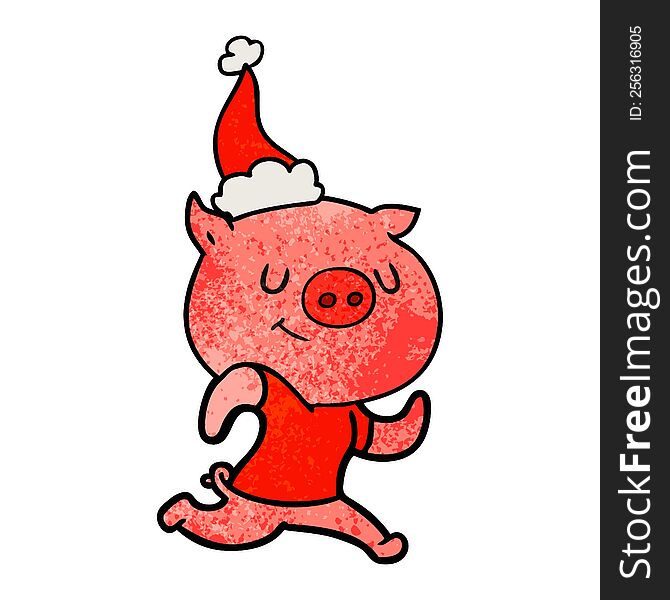 Happy Textured Cartoon Of A Pig Running Wearing Santa Hat