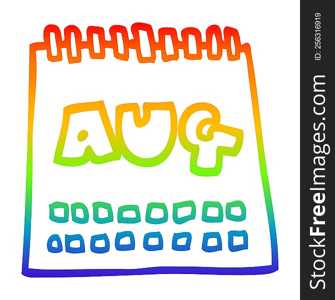 rainbow gradient line drawing cartoon calendar showing month of august