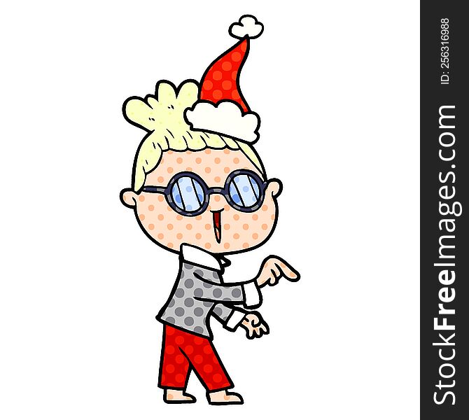 hand drawn comic book style illustration of a woman wearing spectacles wearing santa hat