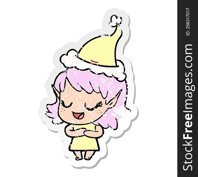 happy distressed sticker cartoon of a elf girl wearing santa hat