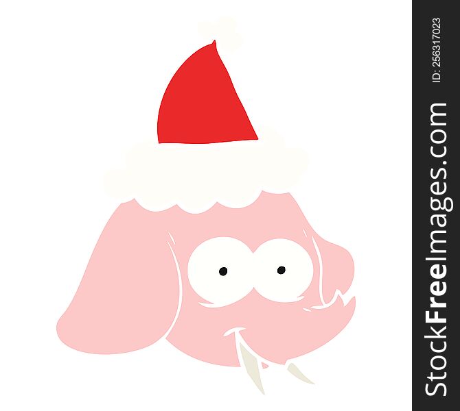 hand drawn flat color illustration of a elephant face wearing santa hat