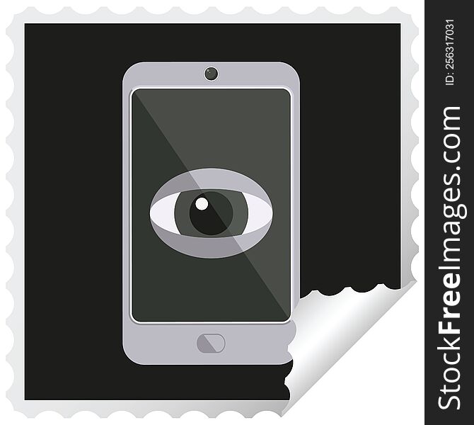cell phone watching you graphic square sticker stamp. cell phone watching you graphic square sticker stamp
