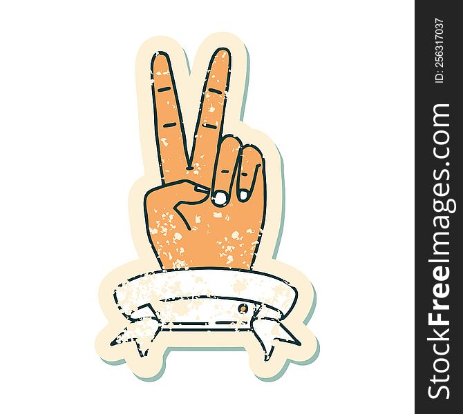 peace two finger hand gesture with banner grunge sticker