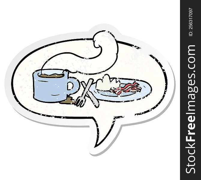 cartoon breakfast of coffee and bacon with speech bubble distressed distressed old sticker. cartoon breakfast of coffee and bacon with speech bubble distressed distressed old sticker