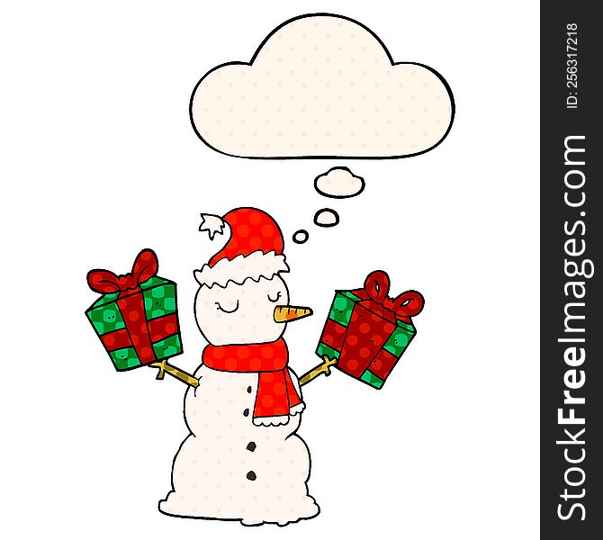 cartoon snowman with thought bubble in comic book style
