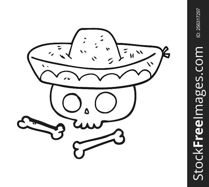 freehand drawn black and white cartoon skull in mexican hat