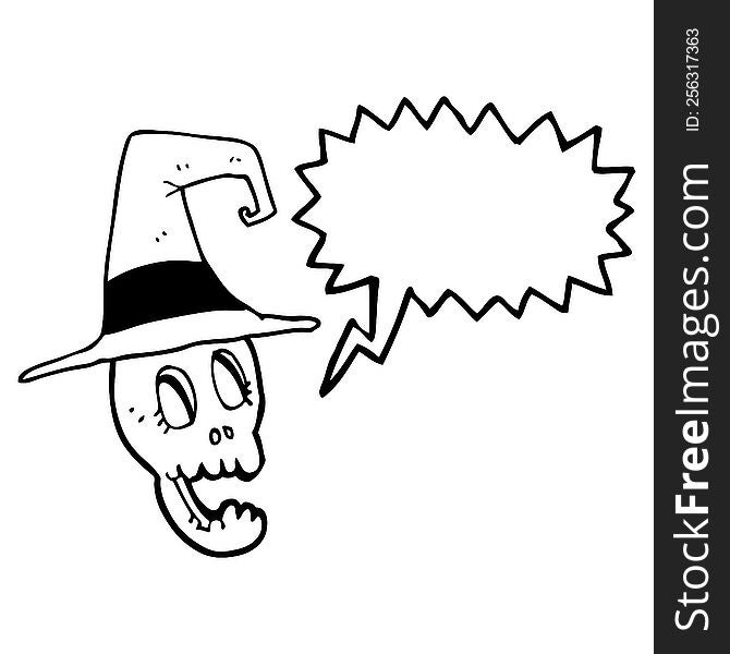 freehand drawn speech bubble cartoon skull wearing witch hat
