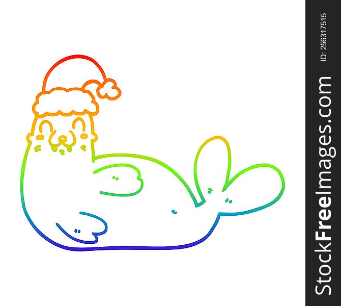 rainbow gradient line drawing of a cartoon christmas walrus