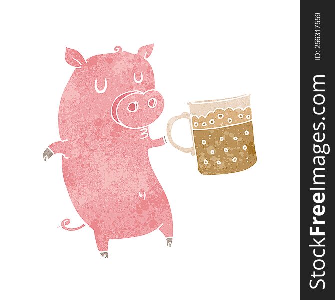 cartoon pig drinking a pint of beer. cartoon pig drinking a pint of beer