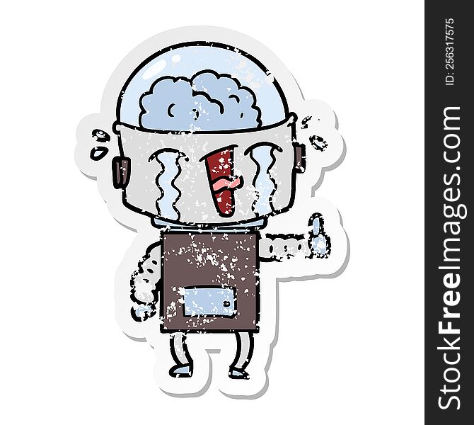 distressed sticker of a cartoon crying robot making gesture