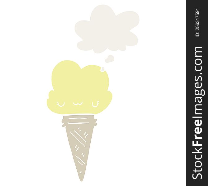 Cartoon Ice Cream With Face And Thought Bubble In Retro Style